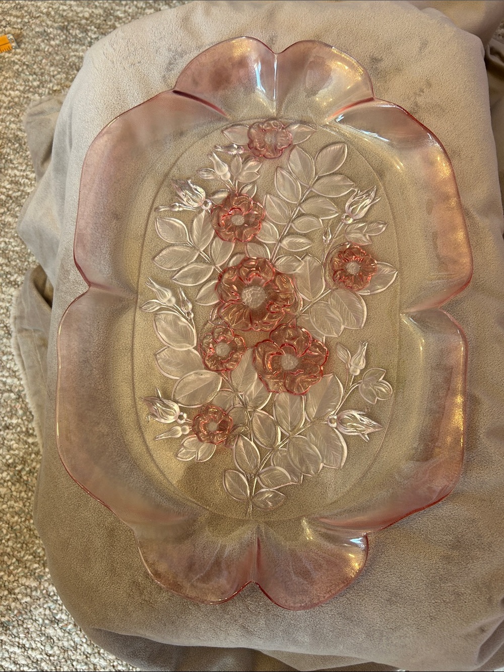 A pink-tinted Mikasa Rosella glass serving tray with embossed roses.